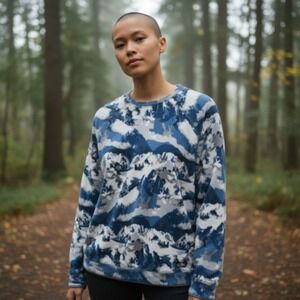 Eddie Bauer Mens XL Long Sleeve Fleece Pullover Top Blue Camo Mountain Print